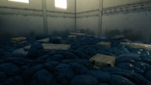 An huge amount of blue garbage bags and several mattresses