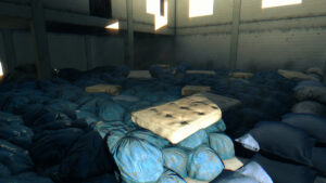 An huge amount of blue garbage bags and a mattress in the foreground